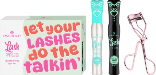 Ett set av ögonfransförlängningsverktyg och en rosa ögonfransböjare, med förpackning som visar sloganen: "Let your lashes do the talkin'."