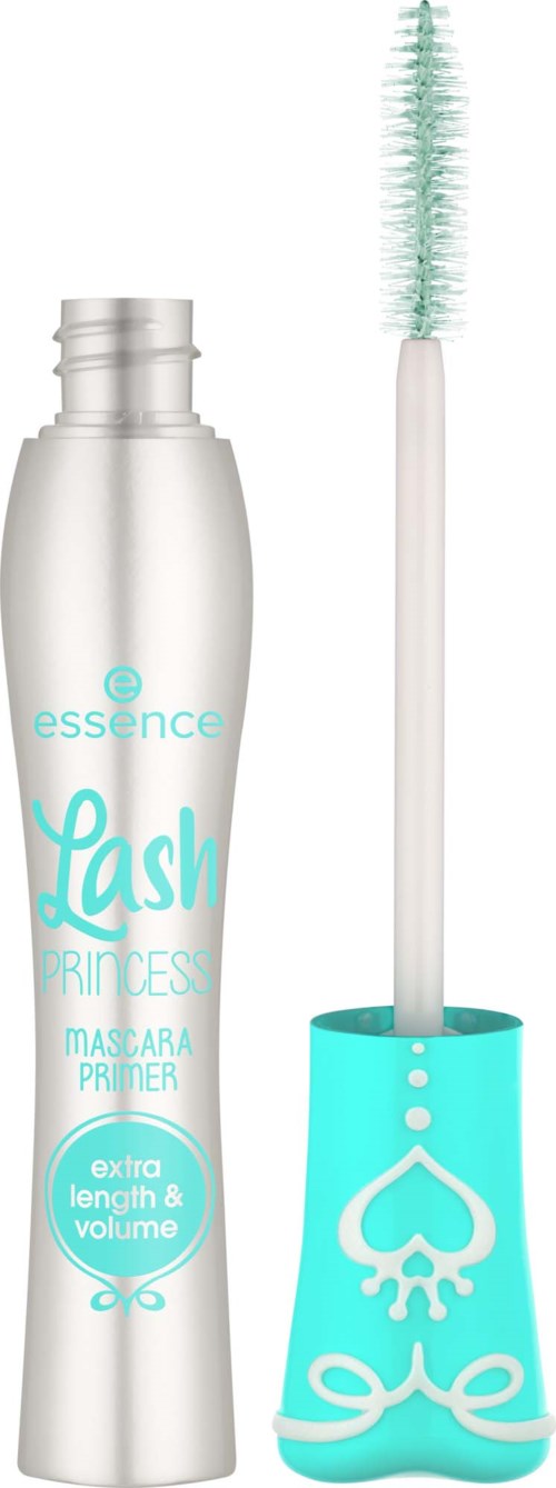 A white mascara primer bottle with a light blue label and a white brush with light green bristles.
