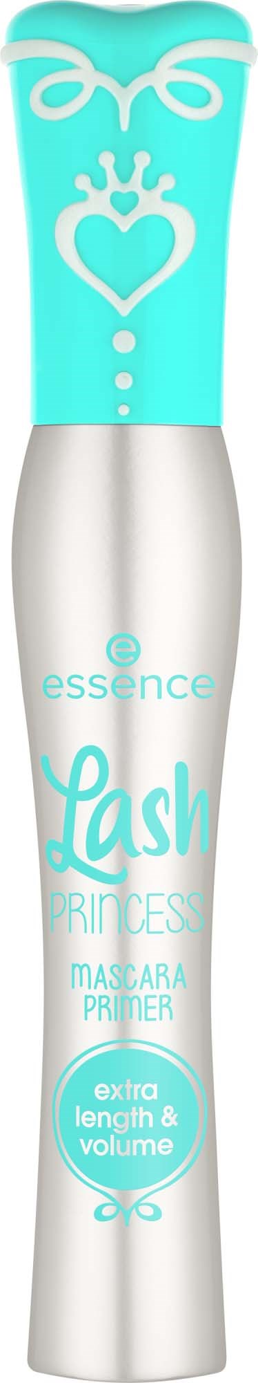 A mascara primer bottle with a blue lid decorated with a bow, heart, and glasses, and white body with light blue text.