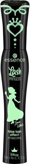 Maskara-putki, jossa prinsessa- ja sydänkuvio, musta ja vaaleanvihreä yksityiskohdat, tuotemerkki 'essence' ja 'Lash Princess'.