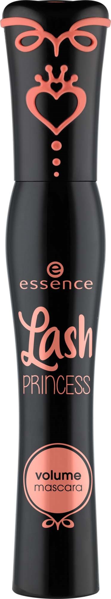 Zwarte mascarahuls met roze tekst en ontwerpen, met label Lash Princess Volume Mascara.