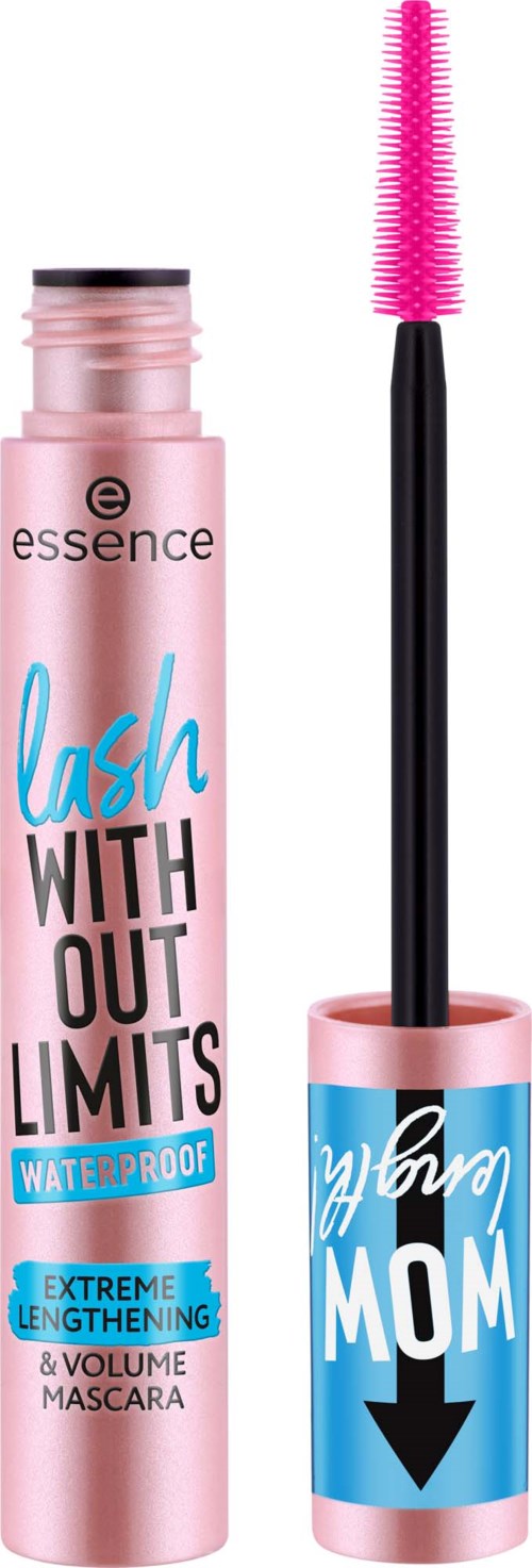 Vaaleanpunainen vesitiivis ripsiväritube harjalla ja sinisellä etiketillä, jossa lukee lash mascara for moms.
