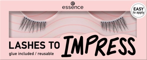 Falska ögonfransar i rosa förpackning, enkla att applicera, återanvändbara, av essence, märkta Lashes to Impress.