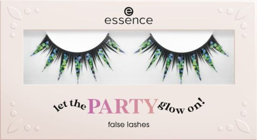 En rosa och vit förpackning med falska ögonfransar som har färgglada toppar och texten "let the PARTY glow on!".