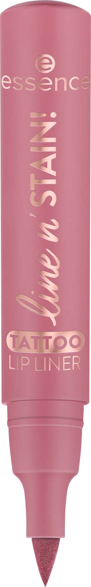 Pink tattoo lip liner pen from Essence with white text, designed to outline lips for tattoos or makeup.
