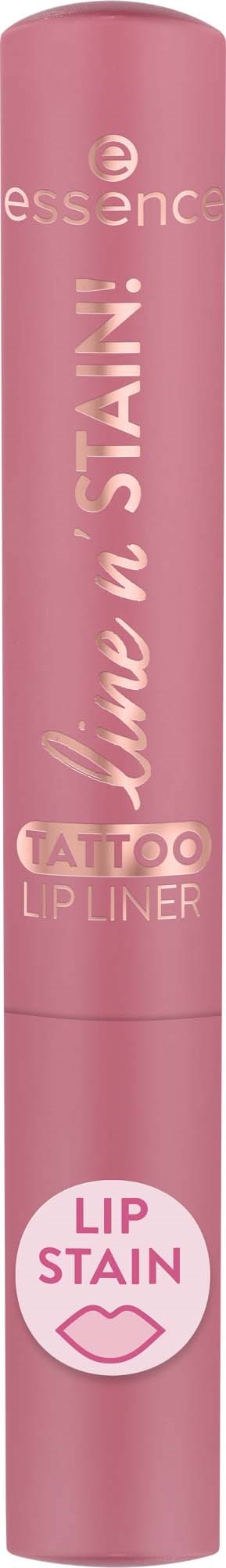 Pink lip liner tube with white and darker pink text, including a lip icon, labeled Lip Stain.