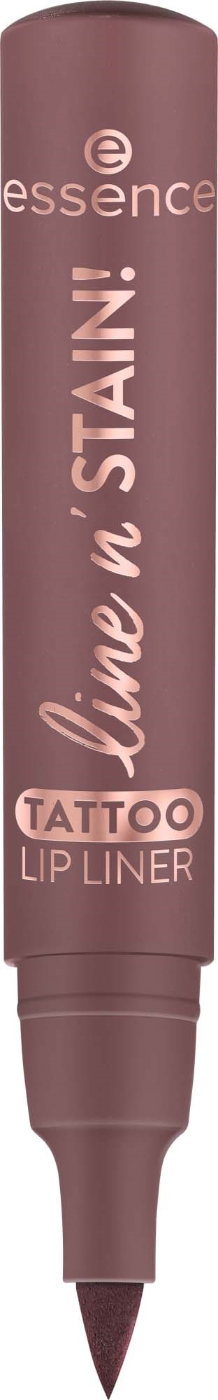 Rosa leppestift-linje med teksten Love 'n' Stain og Tattoo. Begrenset tekst, enkelt design. Ingen bakgrunnsdetaljer.