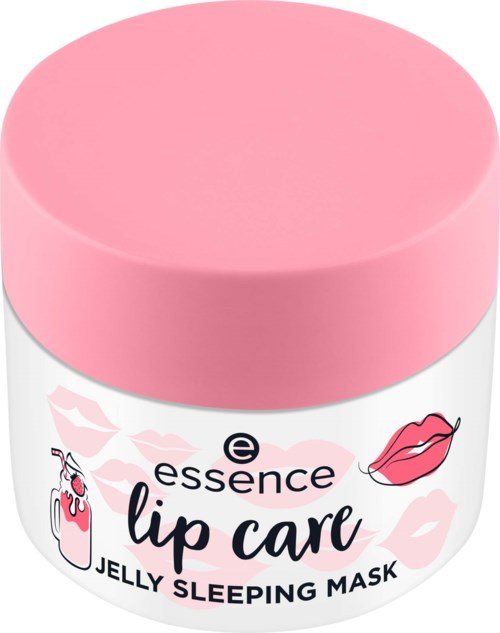 En rosa burk med Essence lip care jelly sleeping mask med läppillustrationer och textetiketter.