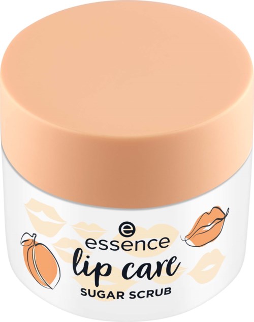 Okrągły pojemnik z koralowym wieczkiem, oznaczony "essence lip care sugar scrub," ozdobiony ustami i owocami.