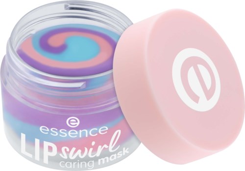 En liten burk med färgglad läppmaska med rosa lock, märkt essence LIP swirl caring mask.
