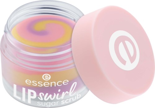 En swirl läppskrubb i en tydlig behållare, rosa lock, med pastellfärger inuti, och märket Essence.