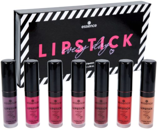 Ett set med åtta läppstift i olika nyanser med en svart box märkt 'LIPSSTICK' och 'essence'-logga.