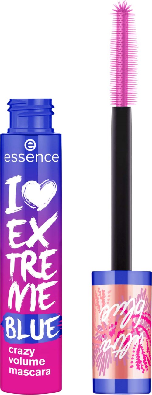 Blue mascara container and wand with pink bristles. Container has white, pink, and blue colors with text.