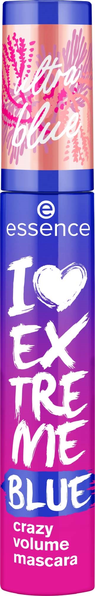 Pink and blue mascara tube with the words "I love extreme blue" and "crazy volume mascara" written on it.