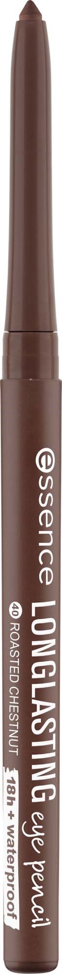 A brown pen with white text saying essence, long-lasting eye pen, with a fine tip for precise makeup.
