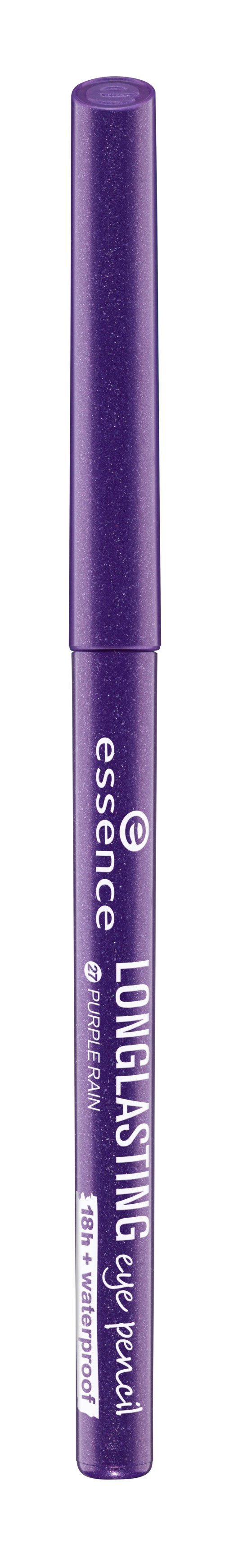 Ein lila Eyeliner-Stift mit dem Markennamen Essence, genannt Longlasting, steht aufrecht.