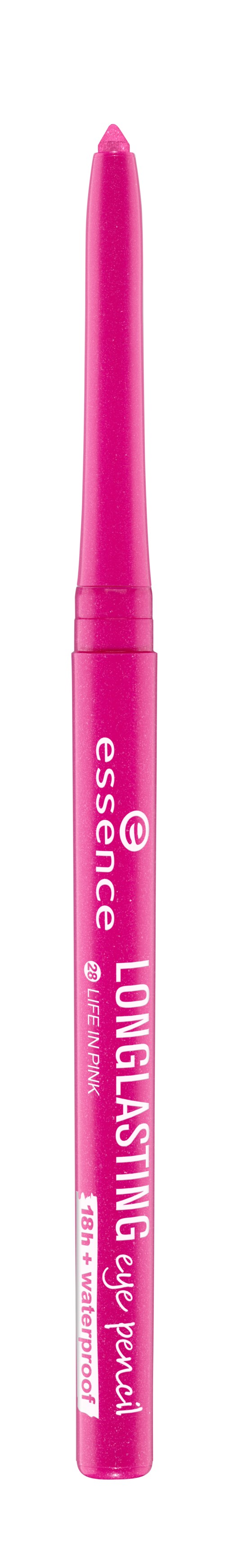 Rosa eyelinerpenna med vit och rosa text, varumärke för Essence Longlasting Eye Pencil.