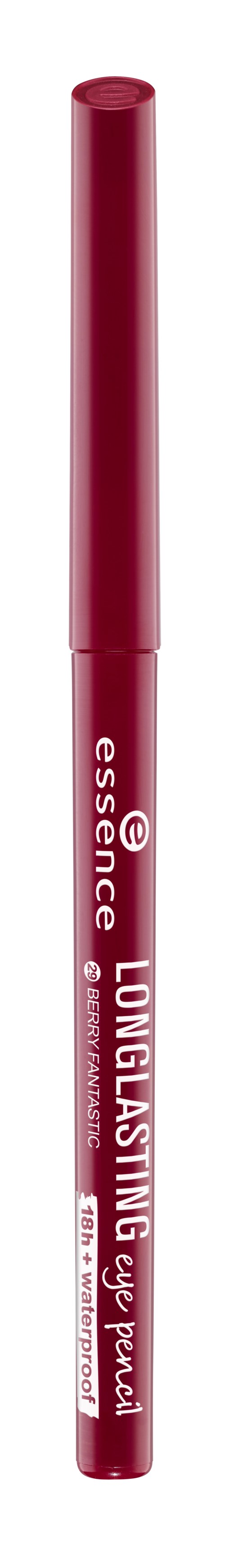 Ein rosa Lippenstiftstift mit Deckel, beschriftet 'essence longlasting eye pencil'.