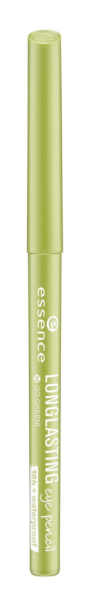 Ein hellgrüner Stift mit der Aufschrift 'essence longlasting' und 'eyeliner' steht vertikal.