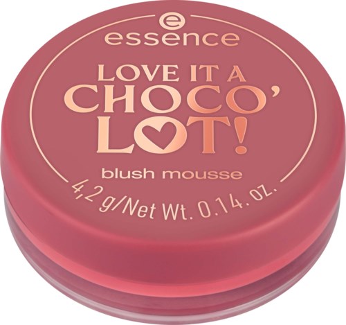 Ein runder rosafarbener Behälter für Rouge-Mousse mit den Worten "Love It A Choco'lot" und einem Herzsymbol.