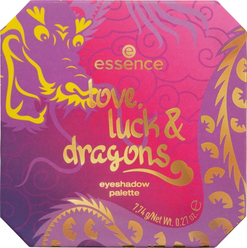 Färgglad ögonskuggspalett med en drake, tiger och dekorativa mönster, märkt 'love, luck & dragons'.