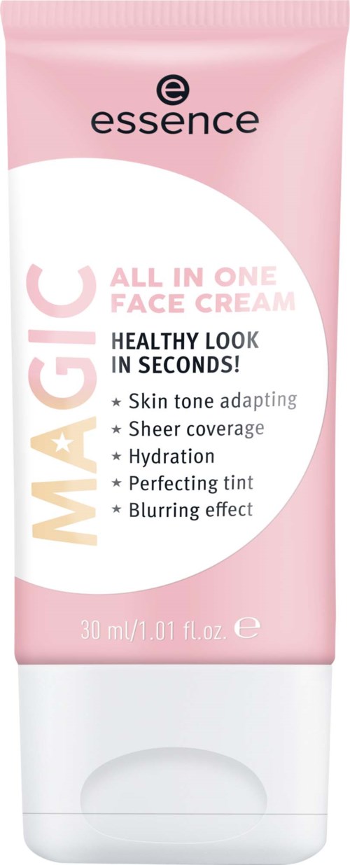 Pink tube of face cream named MAGE from Essence, claims quick skin tone adaptation and brightening benefits.