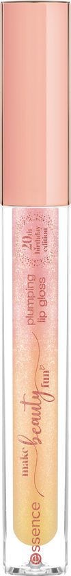A lip gloss tube with a pink cap and shimmering light-colored contents.