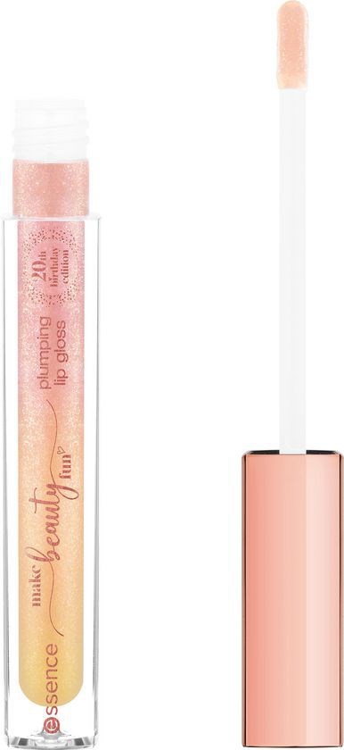 A lip gloss tube with pink gloss and a white wand applicator.