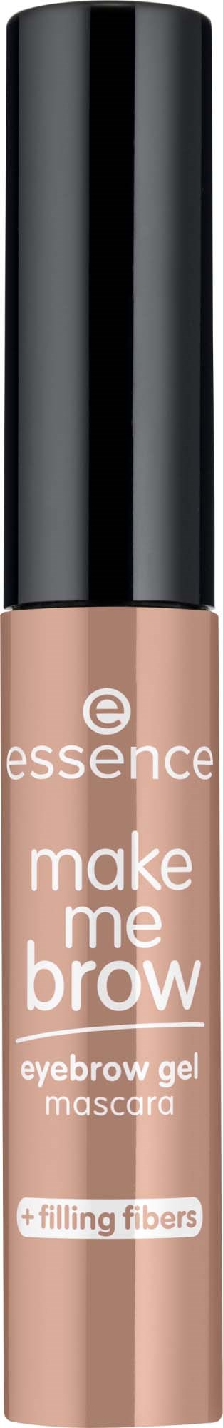 Et rør med øjenbrynsgele og mascara med sort låg, mærket 'essence make me brow' og 'filling fibers' for tykkere øjenbryn.