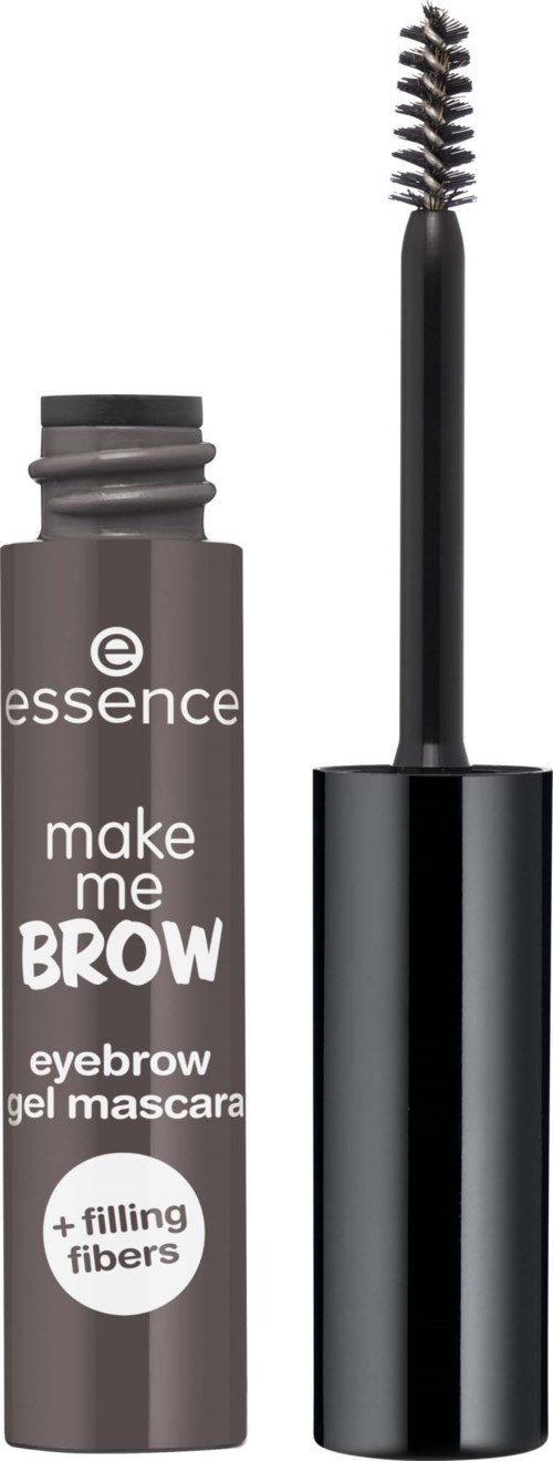 En brun tube med øjenbryn gel mascara med en børste over. Tuben har hvid tekst og sort låg.
