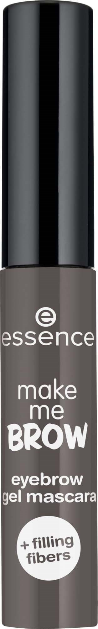 En grå og sort bryngele med mærket 'essence' og ordene 'make me BROW'.