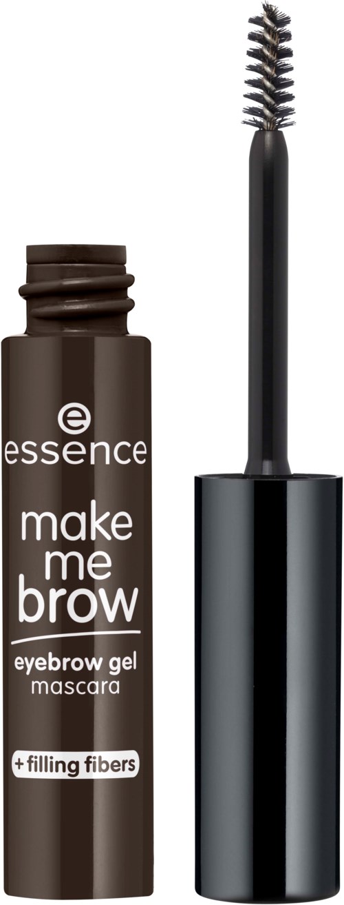 En brun bryngele i tube med børste, mærket 'essence make me brow'.