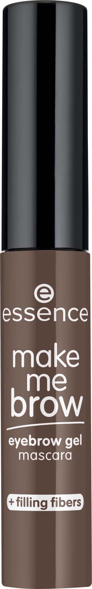En brun ögonbrynsgele med svart lock, märkt Essence make me brow, plus fillfibrer.
