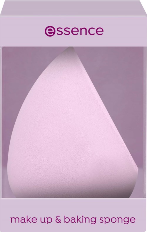 Ein rosa Make-up- und Backschwamm in einer lila Schachtel mit der Aufschrift essence.
