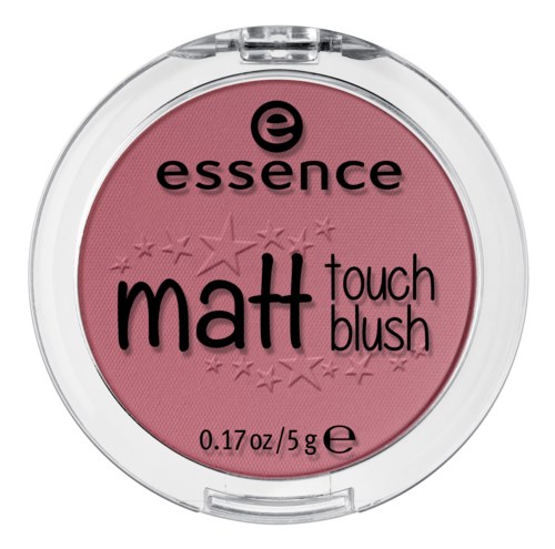 En rund beholder med rosa rouge og svart tekst. Den viser merket 'essence' og produktdetaljer for matt touch blush.