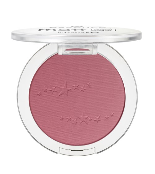 En rund rosa blush i en hvit emballasje med innpreget stjernemønster på overflaten.