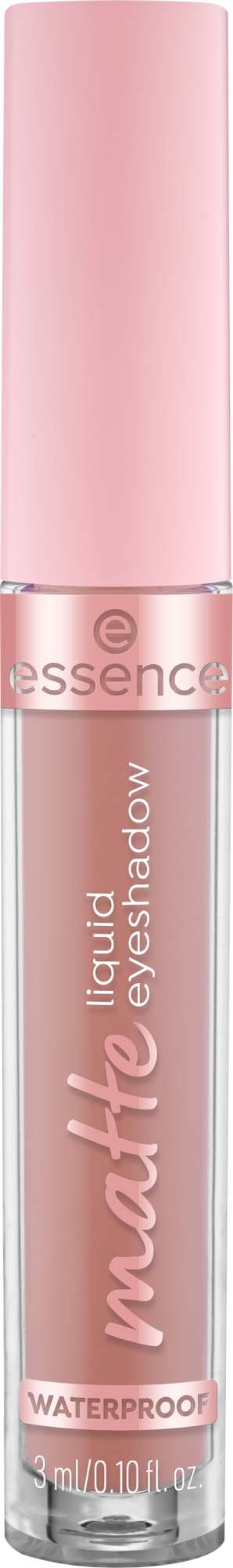 A tube of pink liquid eyeshadow with a pink cap, labeled 'Matte' and 'Waterproof' by Essence.