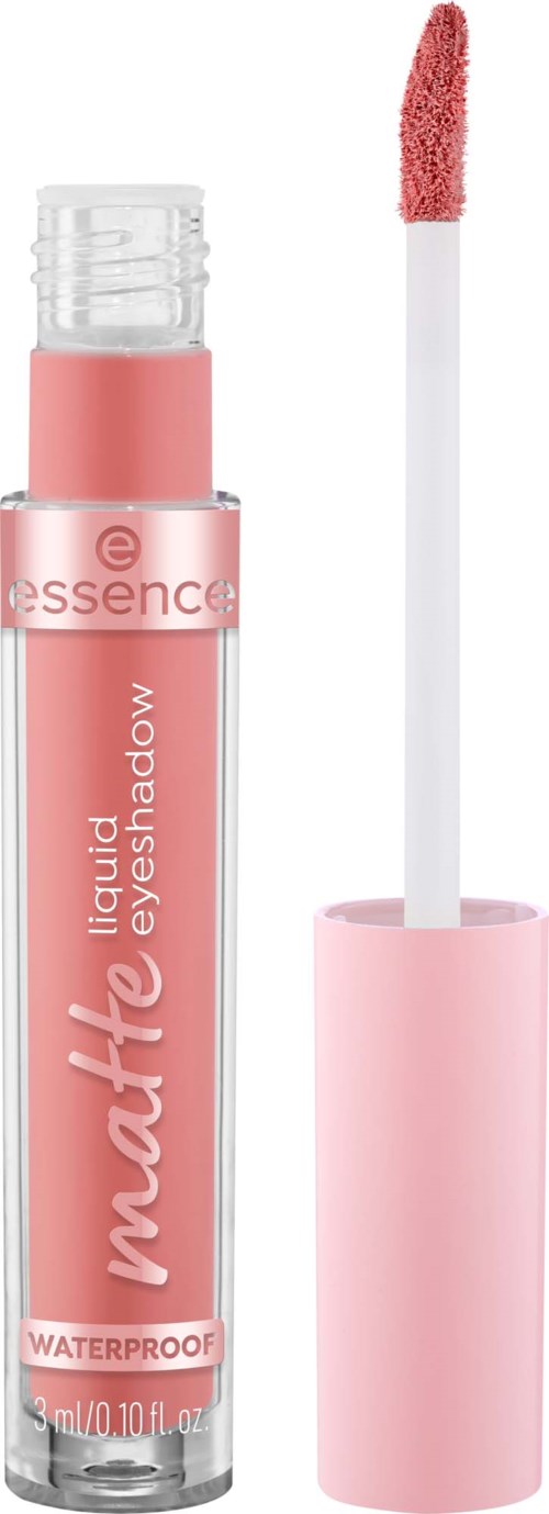 Pink liquid lipstick with applicator, labeled 'Matte Liquid Eyeshadow' and 'Waterproof' from Essence.