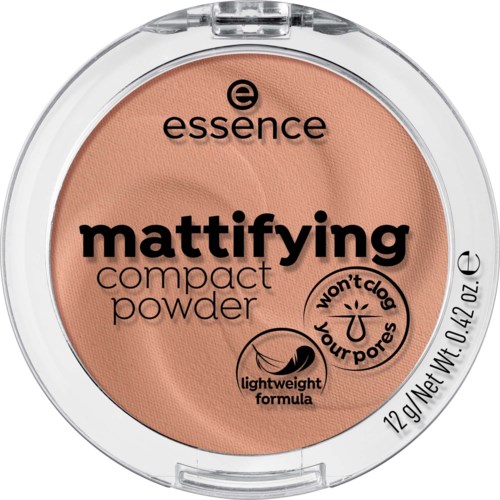 Kompaktowa okrągła opakowanie kosmetyczne z beżowym pudrem, essence mattifying compact powder, lekka formuła, 12g.