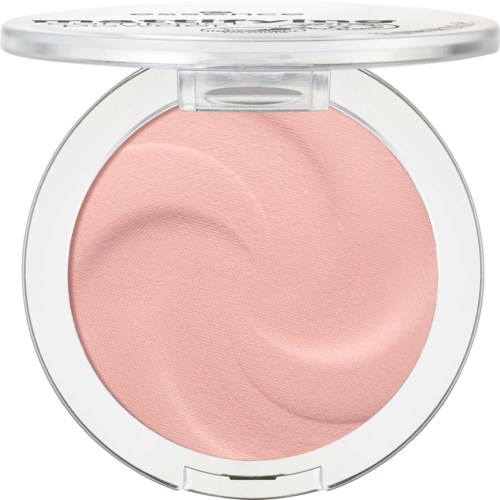 Någon rosa blush i en kompakt med genomskilninslock och virveldesign, används för ansiktsmakeup.