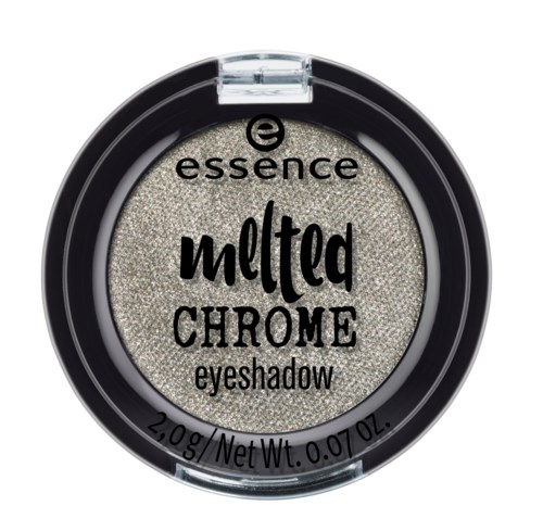 Pyöreä luomiväripakkaus, jossa teksti 'essence melted CHROME eyeshadow' ja hopean sävy.