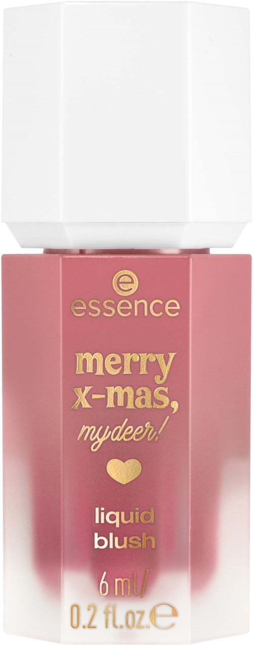 En rosa flaska med Essence flytande blush, vit kork och festligt meddelande.