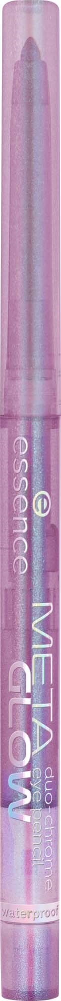 Een roze make-up product in de vorm van een potlood met 'essence METAL GLOW' ligt verticaal.