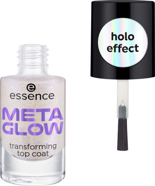 Butelka Essence Meta Glow transformujący top coat i czarna nakrętka z holograficznym efektem do lakieru do paznokci.