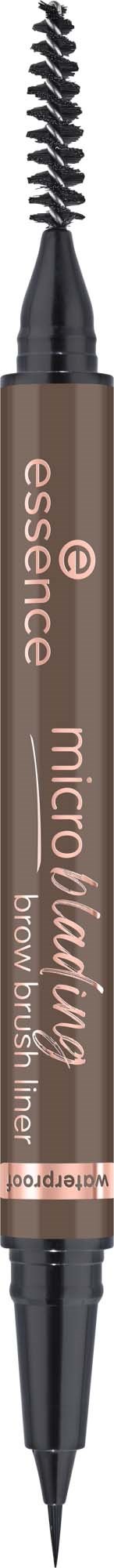 En dubbeländ pensel för ögonbryn med en spoolie på ena sidan och en penntip på andra sidan, märkt essence microblading.