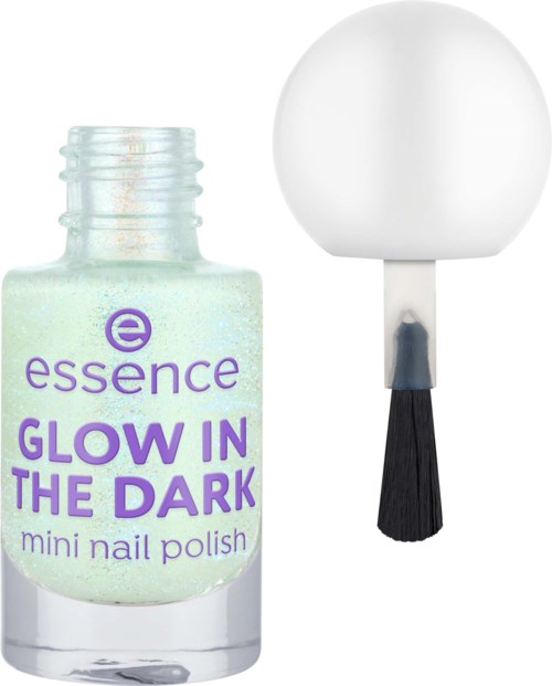 A nail polish bottle labeled 'Glow in the Dark' with a tool resembling a nail cleaner or applicator.
