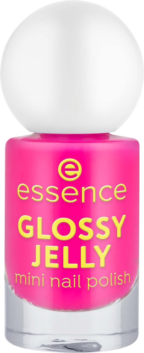 En rosa flaska med essence glossy jelly mini nagellack och ett vitt lock.
