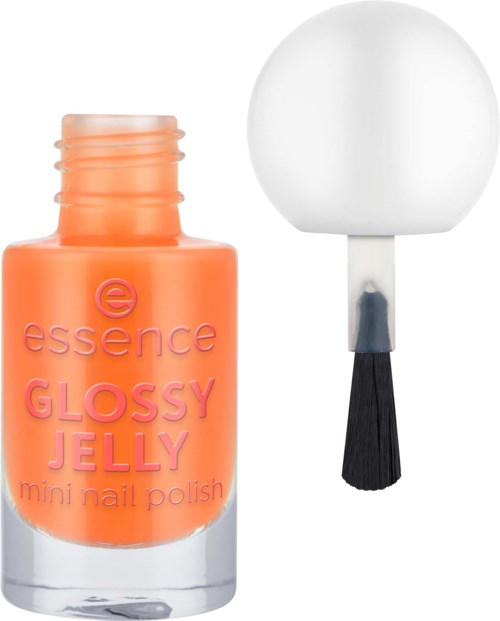 Orange nagellacksflaska med en borste, märkt "Glossy Jelly mini nail polish".