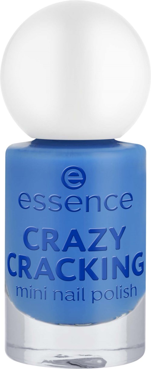 Eine blaue Nagellackflasche mit weißem Deckel, Beschriftung 'Crazy Cracking' von Essence, für Mininägel.