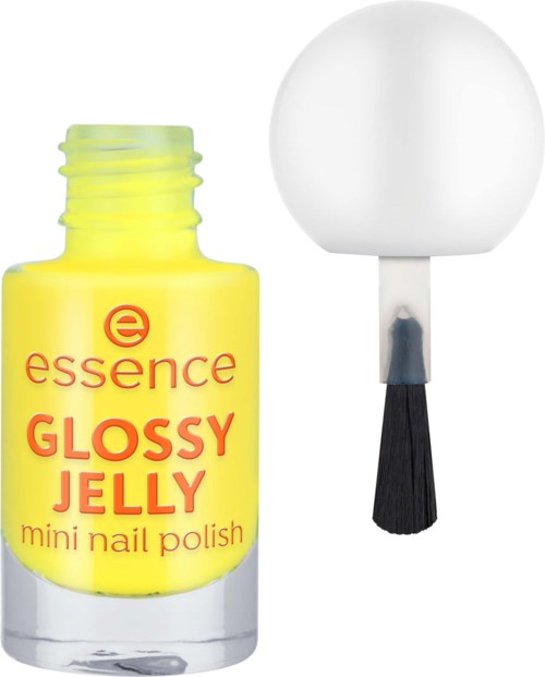 Eine gelbe Flasche mit Essence Glossy Jelly Nagellack und Pinsel.